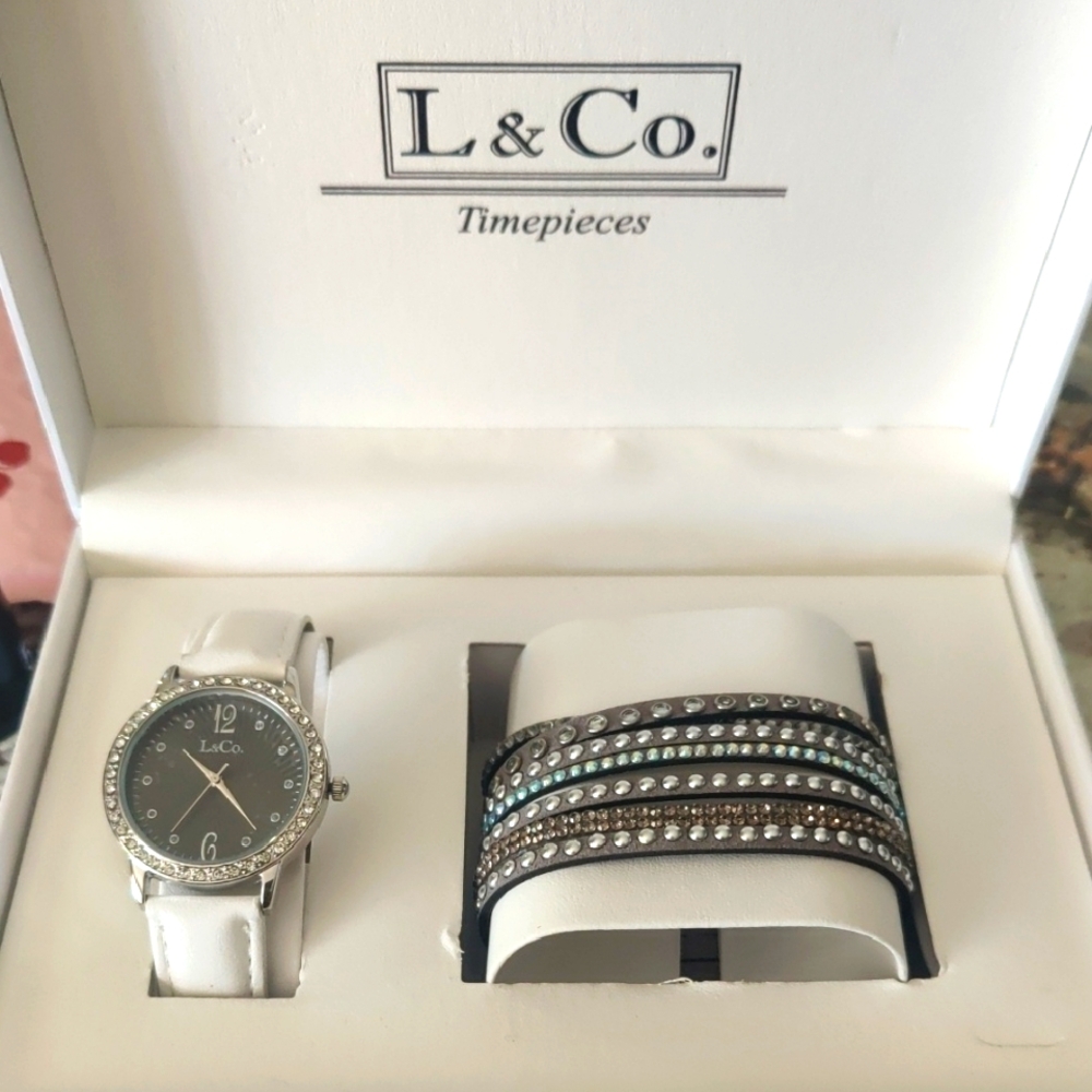 White L&Co Rhinestone Watch With Leather Bracelet
